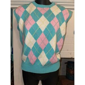 VINTAGE 80'S TURQUOISE & PINK COTTON ARGYLE VEST CAMBRIDGE DRY GOODS